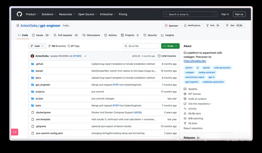 GPT Engineer on GitHub